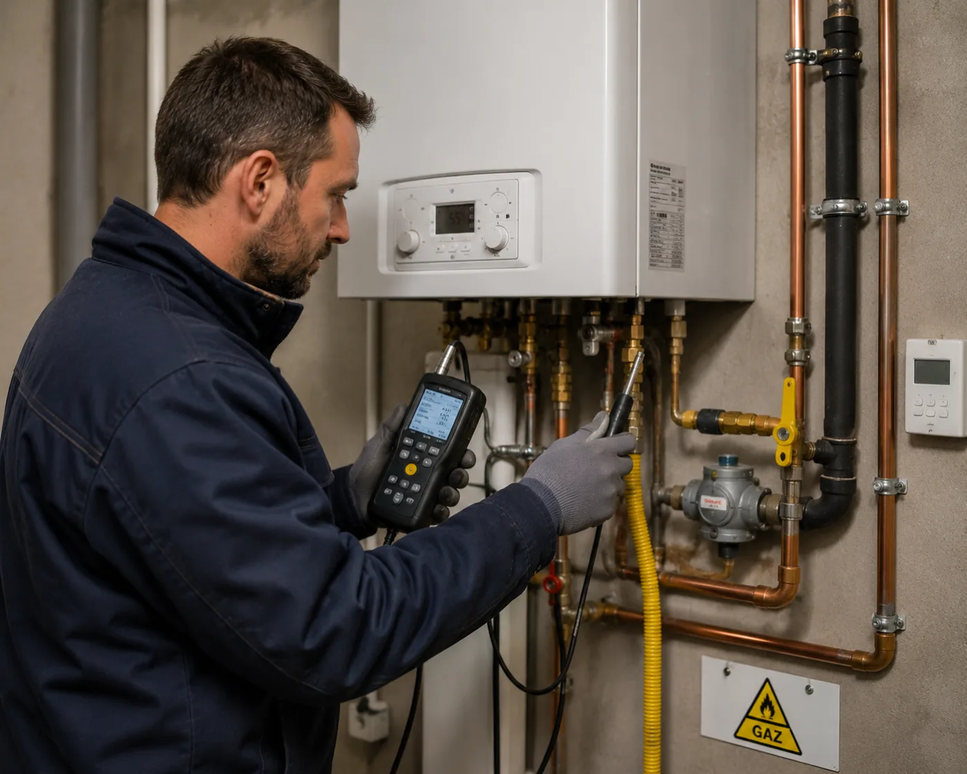Technicien réalisant un contrôle sur une installation gaz