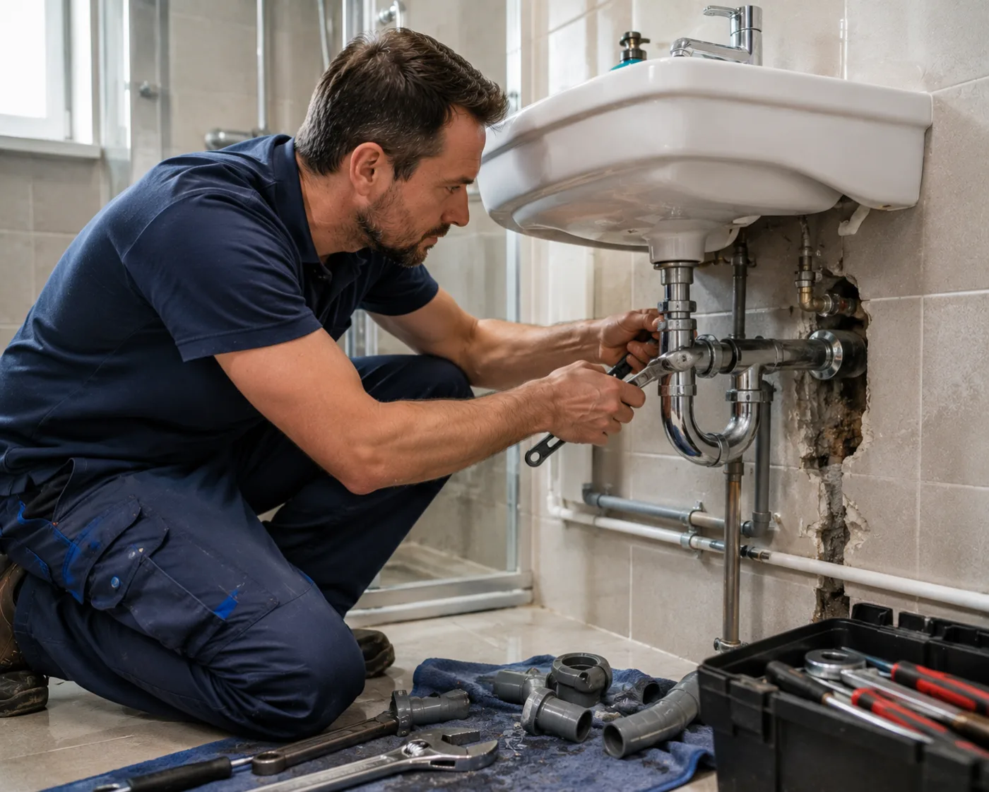 Installation sanitaire sous un lavabo